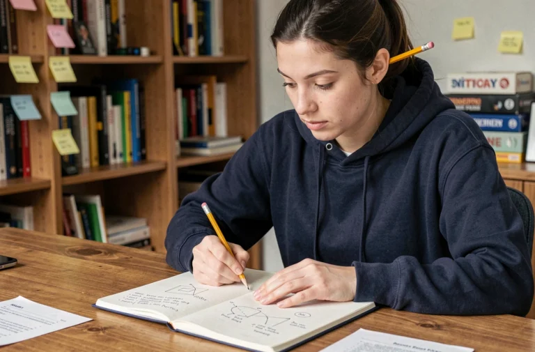 Jeune femme consultant ses notes de solutions pour le jeu Rooms and Exits à son bureau
