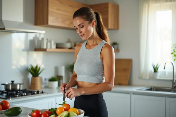 Femme préparant un repas sain avec des légumes frais dans une cuisine moderne, illustrant les habitudes alimentaires pour préserver sa santé au quotidien
