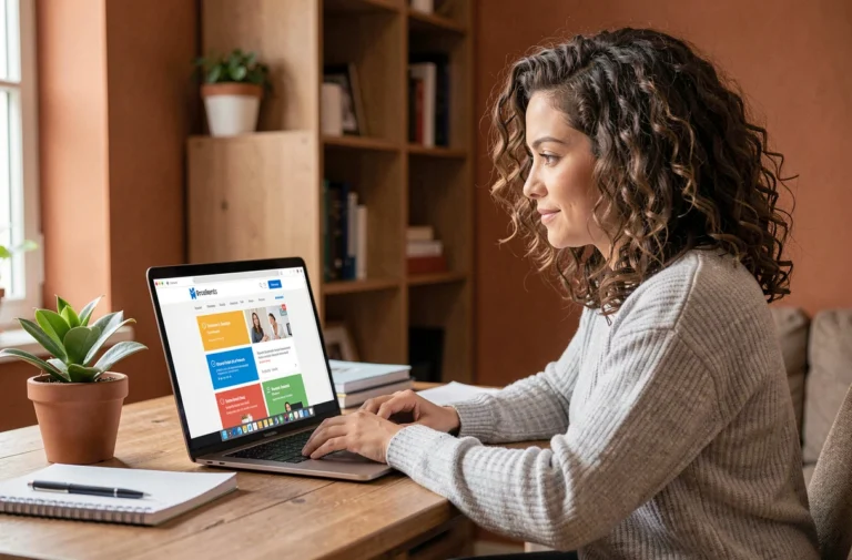 Femme cherchant un emploi sur une plateforme de recrutement en ligne depuis son bureau à domicile