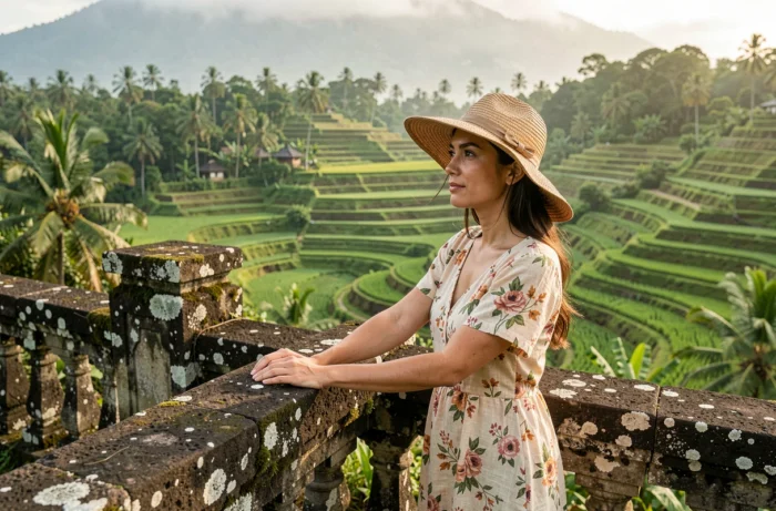 Femme en robe florale admirant les rizières en terrasses de Bali depuis une terrasse en pierre ancienne, paysage tropical luxuriant en arrière-plan