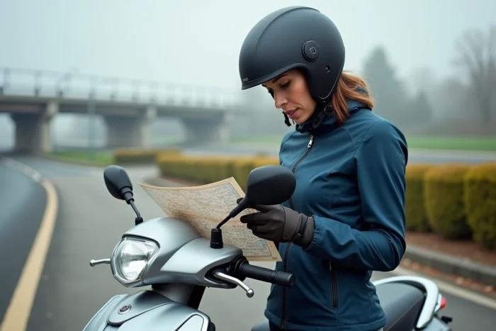 Femme avec scooter 125cc maxi-scooter à une aire de repos d'autoroute consultant une carte routière