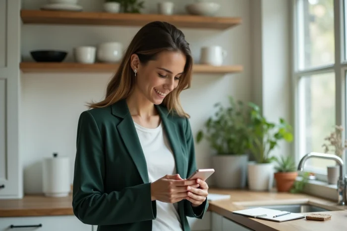 Femme organisée consultant la navigation du site Passion Mariage sur smartphone dans une cuisine moderne
