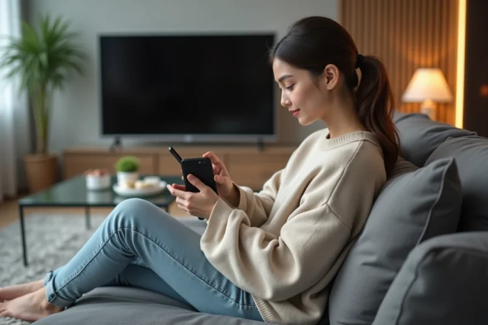 Femme utilisant son smartphone pour retrouver l'adresse actuelle d'une plateforme de streaming comme Wookafr TV