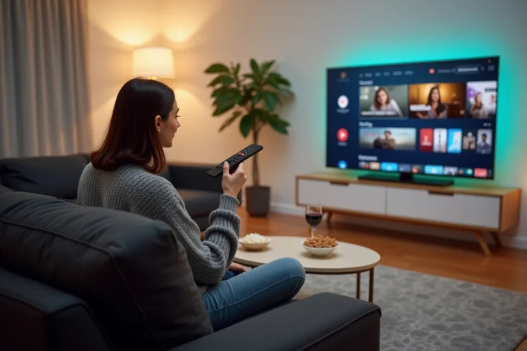 Femme regardant un film en streaming sur une Smart TV Samsung depuis son canapé avec une télécommande
