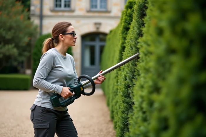 Femme utilisant un taille-haie télescopique pour tailler le dessus d'une haute haie de buis dans un jardin à la française