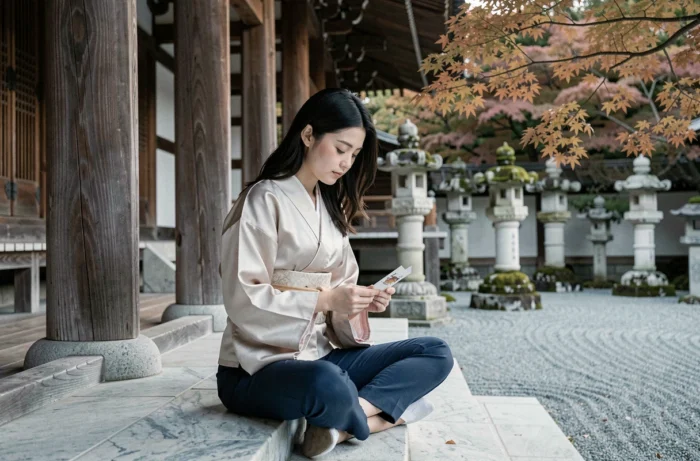 Jeune femme en veste de soie méditant sur les marches d'un temple bouddhiste à Kyoto au Japon, jardin zen et lanternes en pierre en arrière-plan