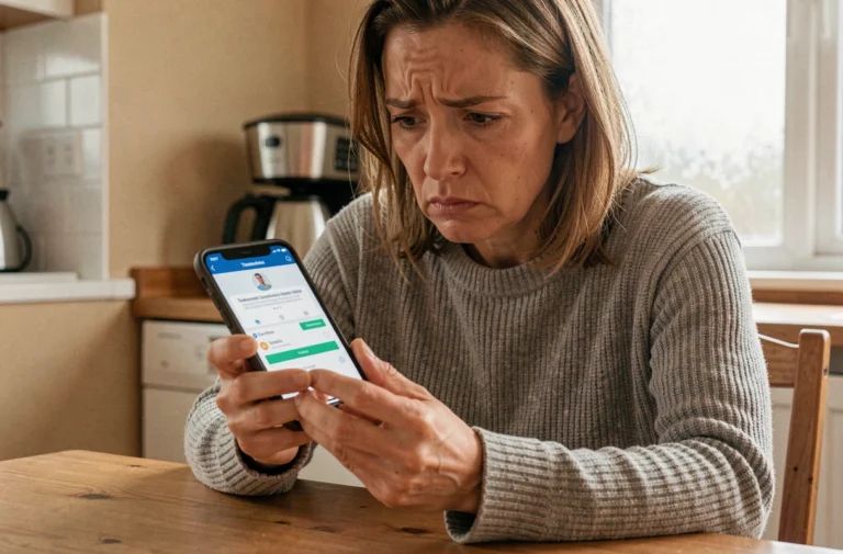 Femme inquiète vérifiant un virement inconnu sur son application bancaire La Banque Postale