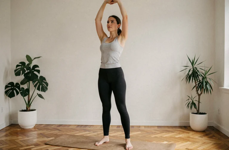 Femme pratiquant des étirements de yoga dans un salon moderne pour améliorer son bien-être
