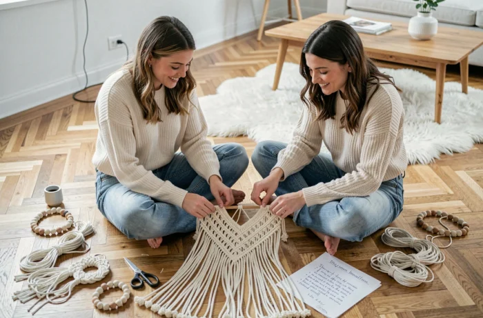 Deux femmes créant un projet de macramé DIY ensemble sur le sol d'un salon scandinave