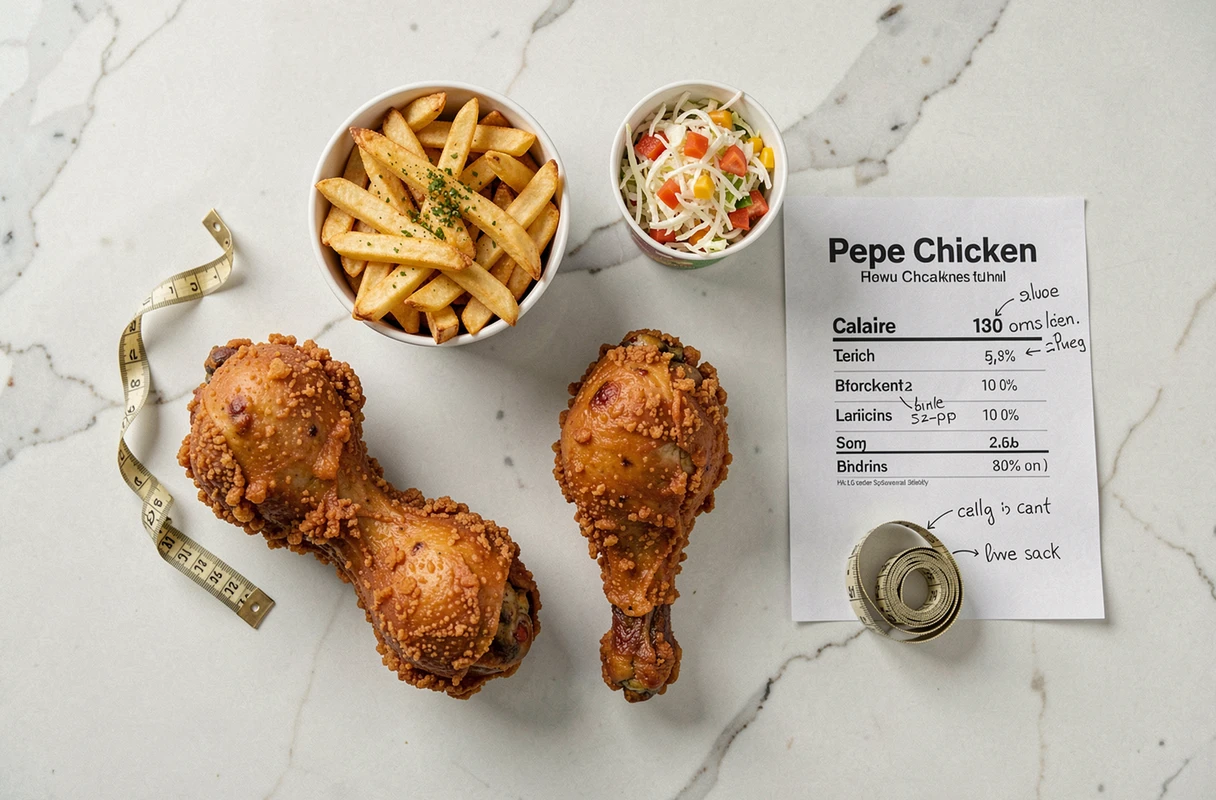 Vue de dessus des plats Pepe Chicken avec tableau de calories et informations nutritionnelles