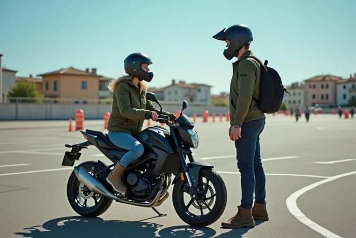 Femme en formation pratique sur moto 125cc dans un circuit d'auto-école en Italie