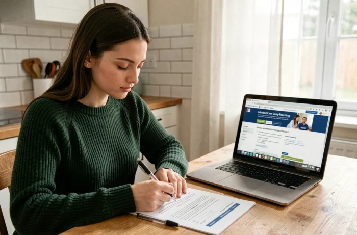 Jeune femme remplissant un formulaire de demande de récupération de bulletin scolaire à la maison