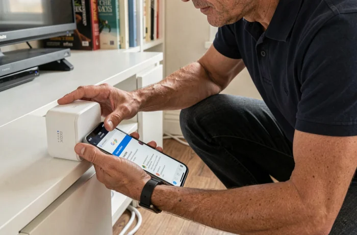 Homme examinant la Freebox Pop et consultant les paramètres Google DNS sur son smartphone