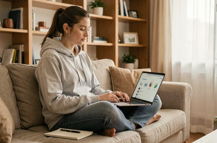 Jeune entrepreneuse freelance gérant son business en ligne depuis son canapé avec un outil tout-en-un