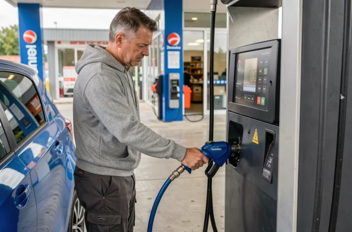 Conducteur gonflant les pneus d'une Toyota Yaris hybride bleue à la station-service avec une borne automatique