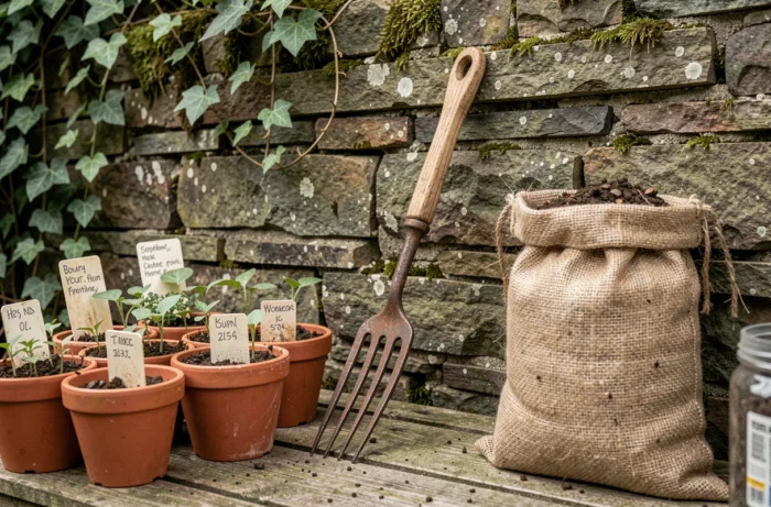 Grelinette appuyée contre un établi de jardin rustique entouré de plants de légumes et de compost