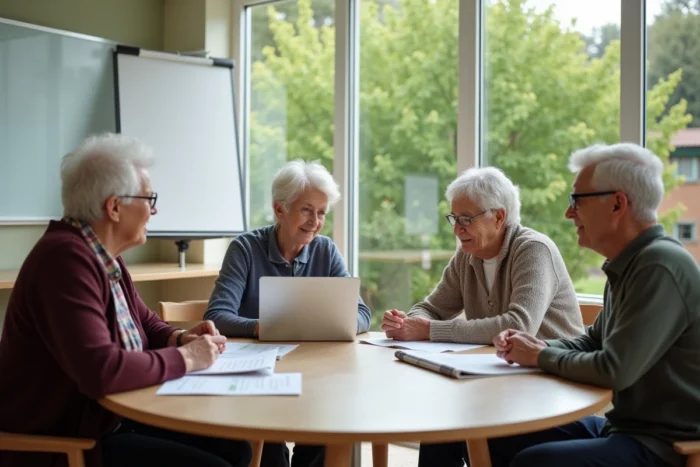 Un groupe de seniors belges réunis dans un centre communautaire pour s'informer sur les services et aides disponibles