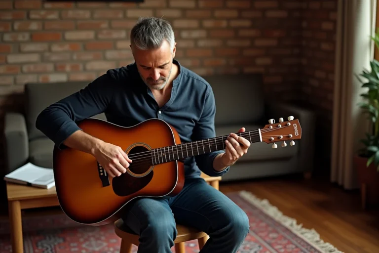 Guitariste homme jouant les accords de Mistral Gagnant sur une guitare acoustique vintage dans un salon chaleureux
