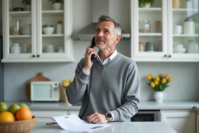 Homme utilisant le téléphone fixe pour joindre le service CESU Urssaf depuis sa cuisine