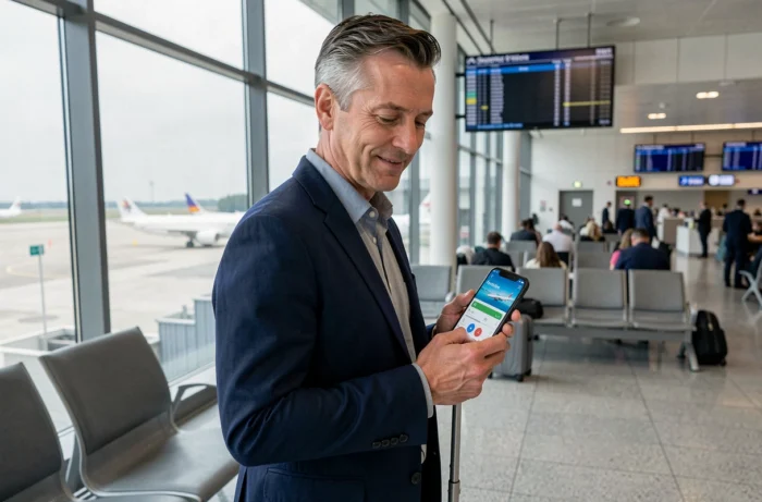 Homme consultant une application de comparaison de voyages sur smartphone dans un aéroport