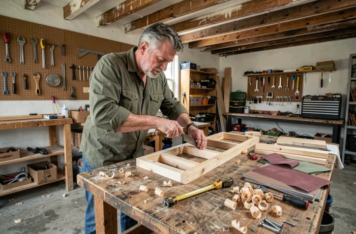 Homme bricoleur assemblant une étagère en bois recyclé dans un atelier de garage authentique