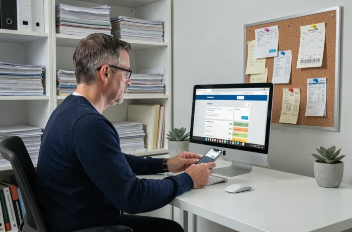 Homme en pull marine comparant des contrats d'assurance sur un ordinateur de bureau dans un bureau à domicile organisé