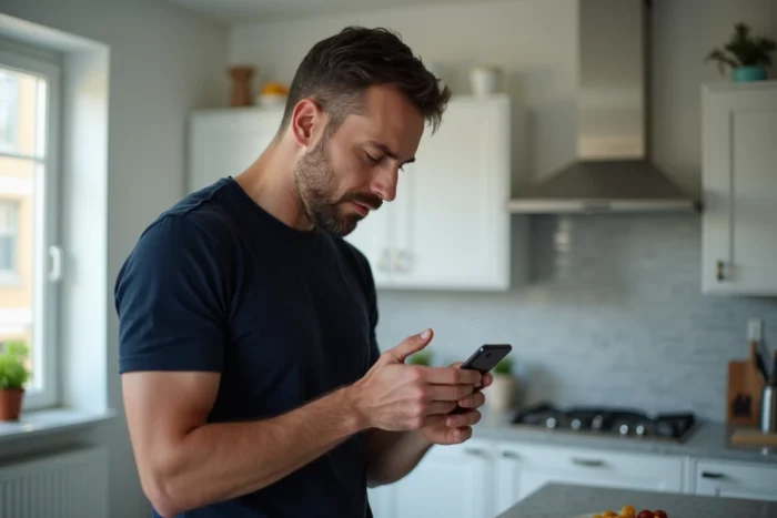 Homme lisant un email Action Logement sur smartphone pour repérer son code spécifique