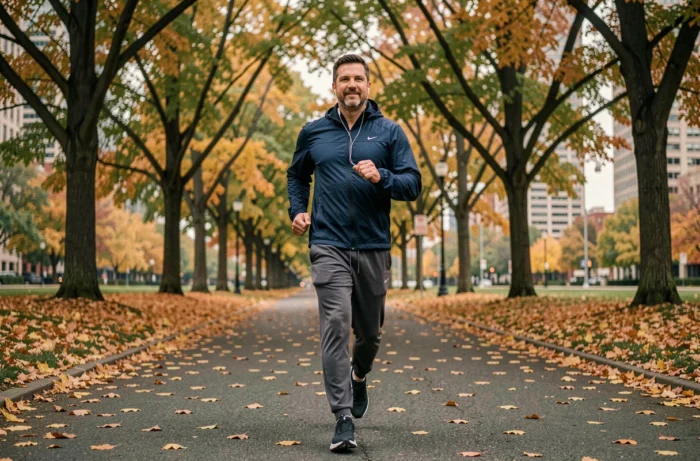 Homme qui fait du jogging dans un parc urbain en automne pour améliorer sa motivation et sa santé