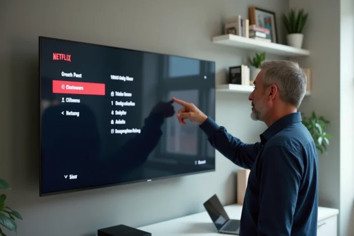 Homme naviguant dans le menu Netflix sur une Smart TV Samsung dans un bureau à domicile moderne