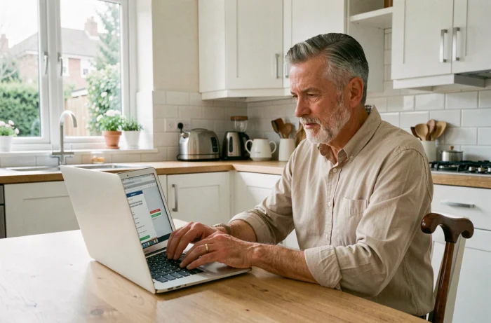 Homme bénéficiaire d'une pension d'invalidité recherchant un prêt immobilier sur internet depuis son domicile