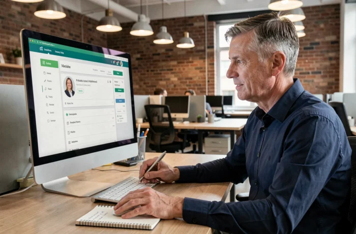 Homme consultant son profil sur une plateforme de recrutement en ligne dans un espace de coworking moderne