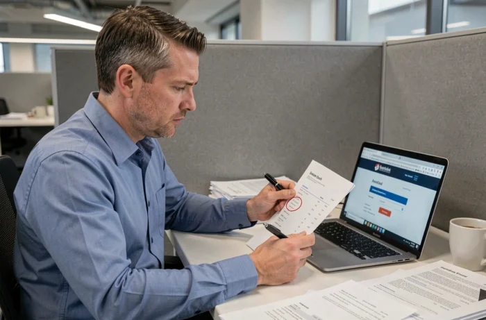Homme en bureau analysant un relevé bancaire avec un débit inconnu à La Banque Postale