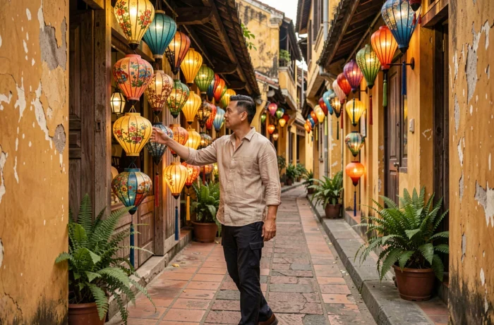 Homme explorant une ruelle aux lanternes colorées dans le vieux quartier de Hoi An au Vietnam, architecture coloniale et atmosphère authentique
