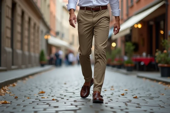 Homme en chaussures Scholl confortables marchant sur un pavé de rue européenne en automne