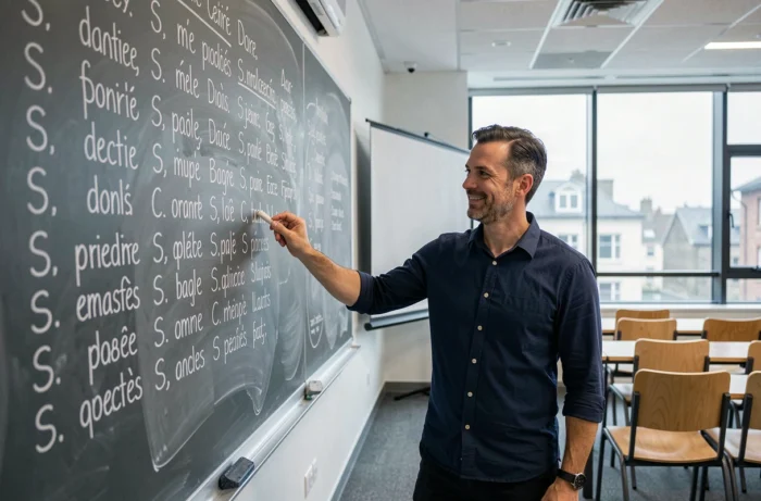 Homme devant un tableau noir rempli d'adjectifs français commençant par S dans une salle de classe moderne
