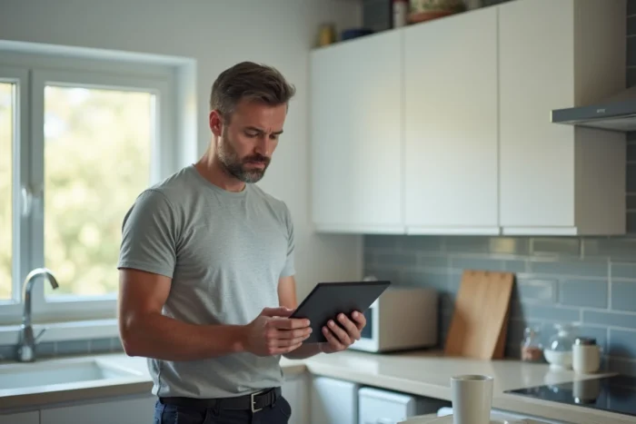 Homme consultant une tablette pour trouver le nouveau lien d'accès à Wookafr TV après changement de plateforme