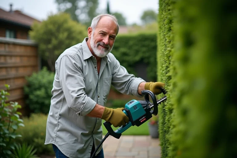 Homme utilisant un taille-haie électrique sans fil pour tailler une haie verte dans un jardin de banlieue bien entretenu