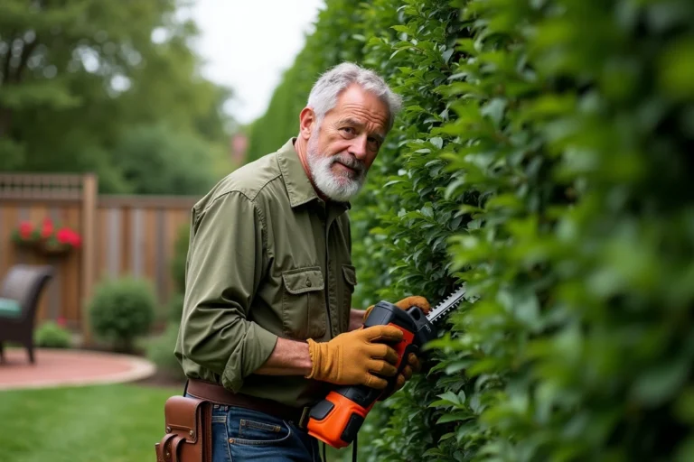 Homme utilisant un taille-haie électrique pour tailler une haie de troènes dans un jardin bien entretenu