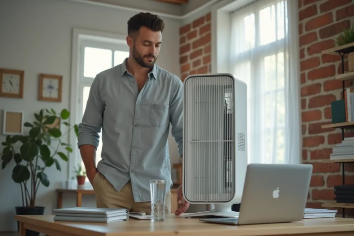 Homme en chemise grise observant un ventilateur colonne dans un bureau à domicile avec murs en briques blanches