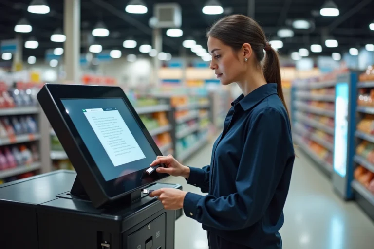 Femme utilisant une borne d'impression en libre-service dans un hypermarché Carrefour