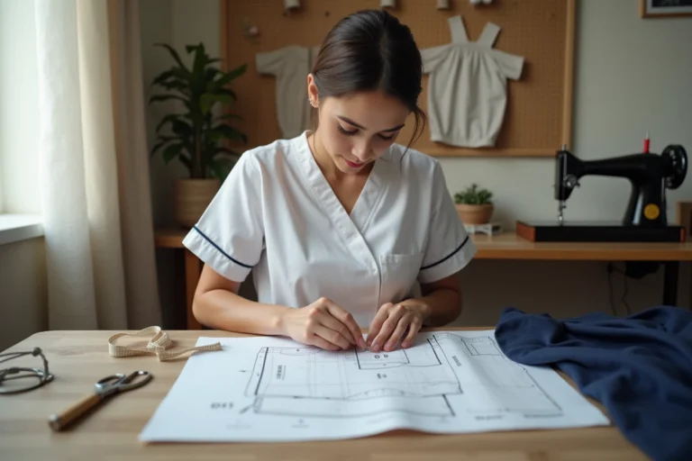 Infirmière cousant une pochette pratique à partir d'un patron gratuit imprimé, posée sur du tissu marine à sa table de couture artisanale