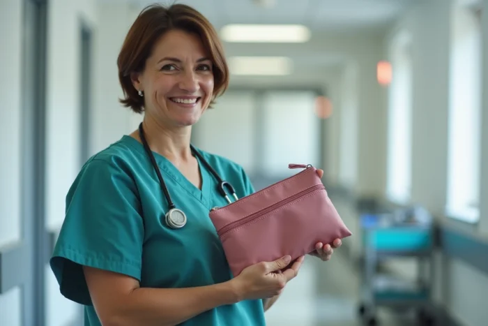 Infirmière souriante tenant fièrement sa pochette artisanale cousue maison dans un couloir d'hôpital, accessoire pratique réalisé avec un patron gratuit