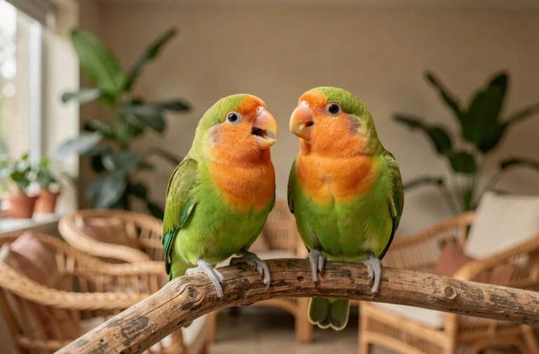 Deux inséparables perchés sur une branche en bois à l'intérieur d'une volière domestique, l'un d'eux chantant bec ouvert