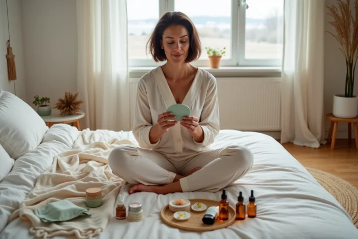 Femme assise sur un lit entourée de produits de beauté naturels en train de lire l'étiquette d'un soin dans une chambre au style scandinave