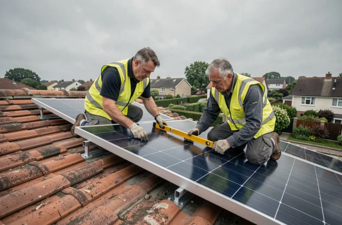 Deux ouvriers installant des panneaux solaires thermiques sur le toit d'une maison individuelle dans le cadre de travaux de rénovation énergétique