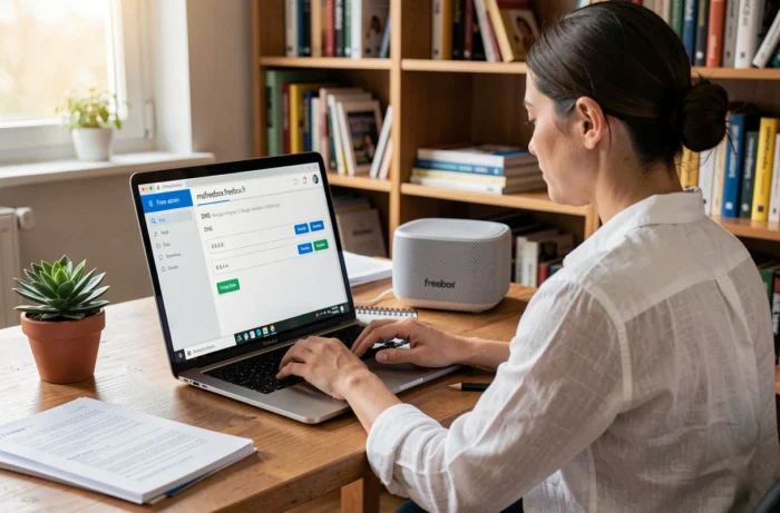 Femme accédant à l'interface d'administration de la Freebox Pop pour configurer les DNS Google
