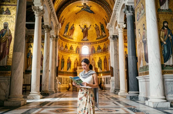 Intérieur de la cathédrale de Monreale avec les mosaïques byzantines dorées et une visiteuse respectant le code vestimentaire