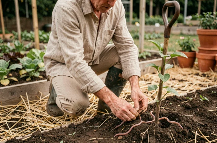 Jardinier en permaculture observant des vers de terre dans un sol travaillé à la grelinette