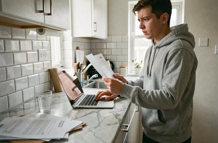 Jeune auto-entrepreneur gérant ses démarches juridiques en ligne depuis son appartement