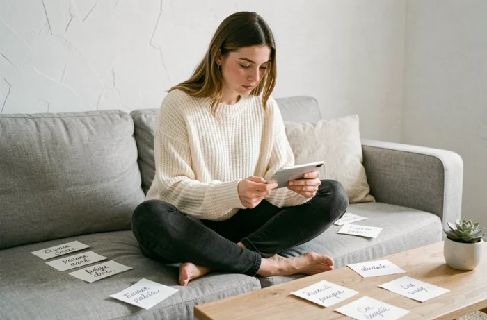 Jeune femme révisant des fiches de vocabulaire avec des adjectifs français sur un canapé dans un salon minimaliste